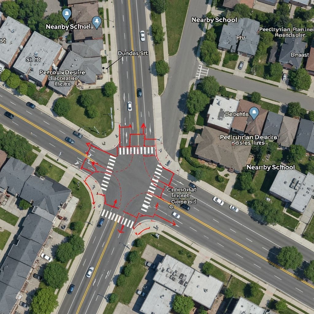 Annotated aerial view of Dundas St E at Dagmar Ave intersection showing crossing gaps and pedestrian desire lines