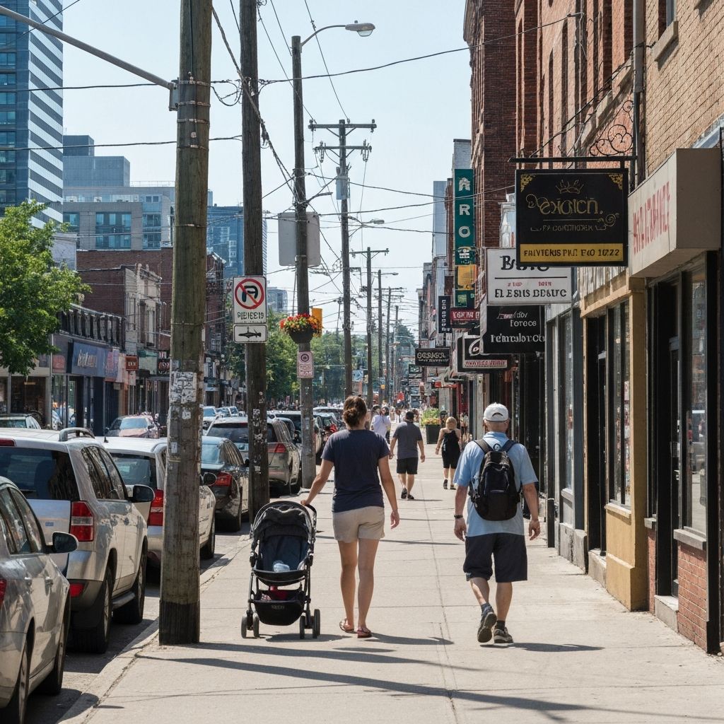 Street-level view looking east on Dundas at Dagmar — pedestrians waiting to cross